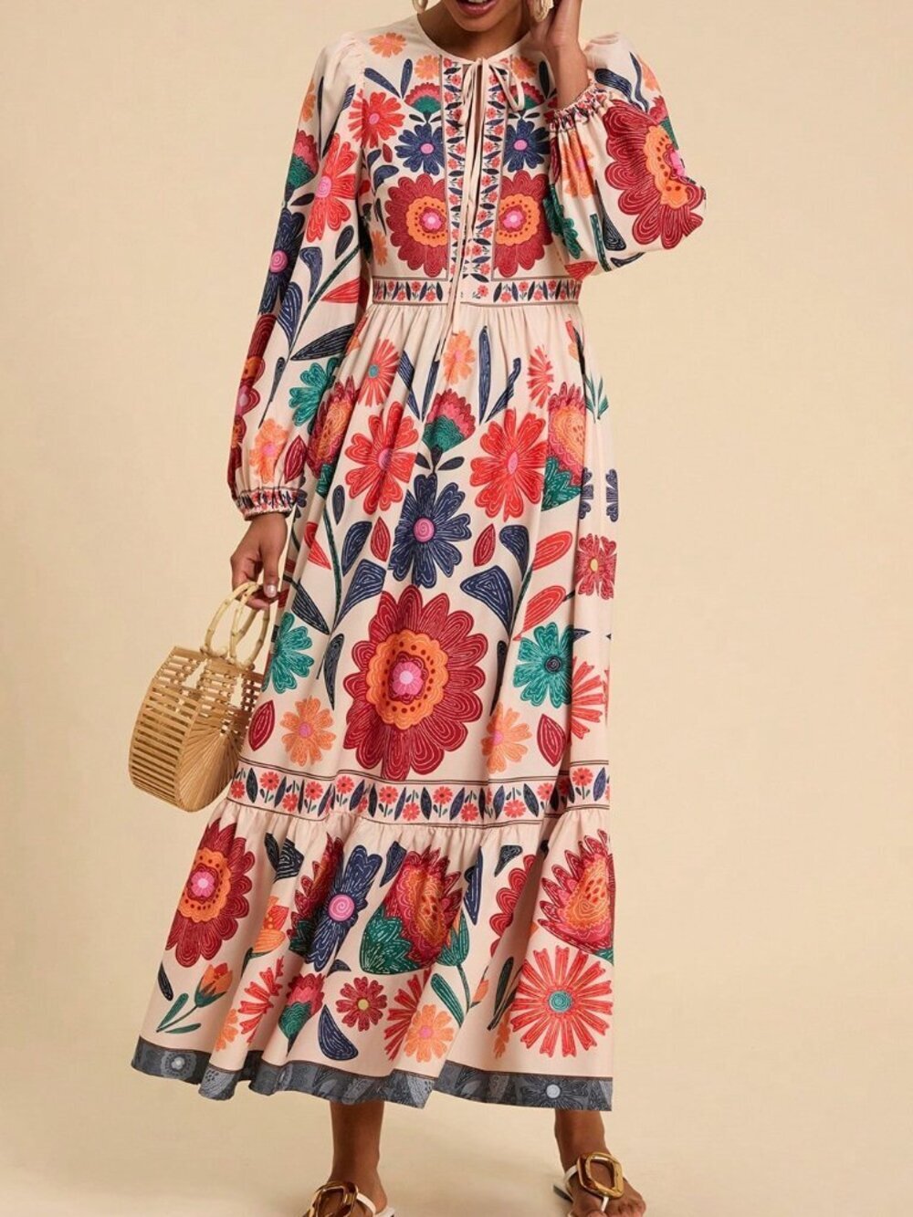 Multicolor Boho Women's Vacation Floral Print Tie-Up Long Sleeve Dress